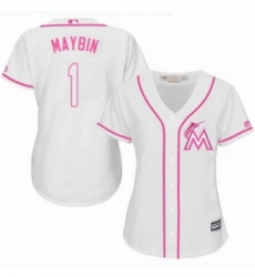 Womens Majestic Miami Marlins 1 Cameron Maybin Replica White Fashion Cool Base MLB Jersey 