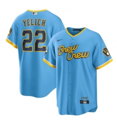 Men Milwaukee Brewers 22 Christian Yelich 2022 Powder Blue City Connect Cool Base Stitched Jersey