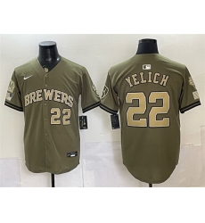 Men Milwaukee Brewers 22 Christian Yelich Olive 2026 Armed Forces Day Stitched Baseball Jersey Men Milwaukee Brewers 22 Christian Yelich Olive 2026 Armed Forces Day Stitched Baseball Jersey