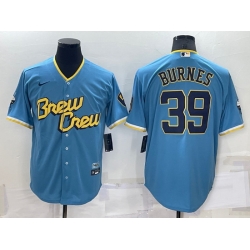 Men Milwaukee Brewers 39 Corbin Burnes 2022 Powder Blue City Connect Cool Base Stitched Jersey