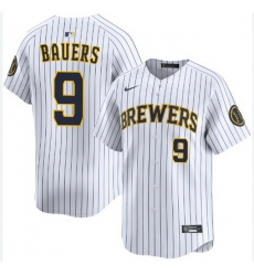 Men Milwaukee Brewers Jake Bauers #9 Home White Strips Stitched Limited Jersey Men Milwaukee Brewers Jake Bauers #9 Home White Strips Stitched Limited Jersey