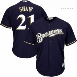 Mens Majestic Milwaukee Brewers 21 Travis Shaw Replica Navy Blue Alternate Cool Base MLB Jersey