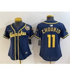 Women Milwaukee Brewers 11 Jackson Chourio Navy With Home Bob Uecker Patch Limited Stitched Jersey Women Milwaukee Brewers 11 Jackson Chourio Navy With Home Bob Uecker Patch Limited Stitched Jersey