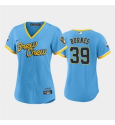 Women Milwaukee Brewers 39 Corbin Burnes 2022 Powder Blue City Connect Cool Base Stitched Jersey