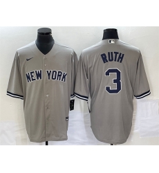 Men New York Yankees 3 Babe Ruth Gray Cool Base Stitched Baseball Jersey