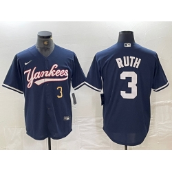 Men New York Yankees 3 Babe Ruth Number Navy Cool Base Stitched Baseball Jersey