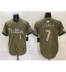 Men Philadelphia Phillies 7 Trea Turner Olive 2026 Armed Forces Day Stitched Baseball Jersey Men Philadelphia Phillies 7 Trea Turner Olive 2026 Armed Forces Day Stitched Baseball Jersey