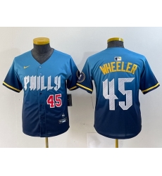 Youth Philadelphia Phillies 45 Zack Wheeler Blue 2024 City Connect Limited Stitched Baseball Jersey