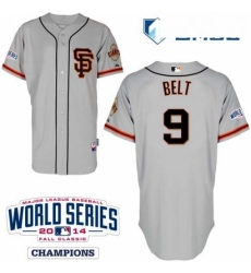 Mens Majestic San Francisco Giants 9 Brandon Belt Replica Grey Road 2 Cool Base w2014 World Series Patch MLB Jersey