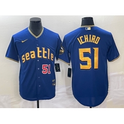 Men's Seattle Mariners #51 Ichiro Suzuki Number Blue 2023 City Connect Cool Base Stitched Jersey1