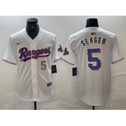 Men Texas Rangers 5 Corey Seager Number White 2023 World Series Champions Cool Base Jerseys