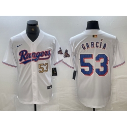 Men Texas Rangers 53 Adolis Garcia Number White 2023 World Series Champions Cool Base Jerseys