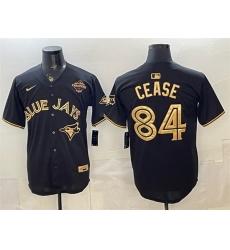Men Toronto Blue Jays 84 Dylan Cease Black Gold 2025 American League Champions Limited Stitched Baseball Jersey Men Toronto Blue Jays 84 Dylan Cease Black Gold 2025 American League Champions Limited Stitched Baseball Jersey