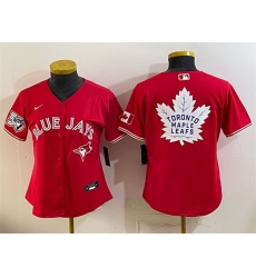 Women Toronto Blue Jays Leafs Red With White Leafs Logo 50 Seasons Patch Stitched Baseball Jersey Women Toronto Blue Jays Leafs Red With White Leafs Logo 50 Seasons Patch Stitched Baseball Jersey