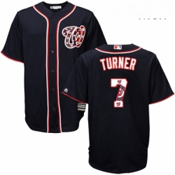 Mens Majestic Washington Nationals 7 Trea Turner Authentic Navy Blue Team Logo Fashion Cool Base MLB Jersey