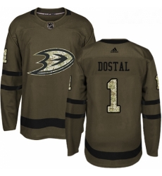 Youth Adidas Anaheim Ducks 1 Lukas Dostal Authentic Green Salute to Service NHL Jersey 