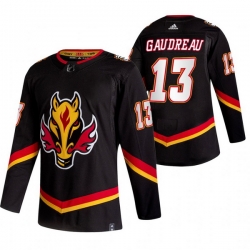 Men Calgary Flames 13 Johnny Gaudreau Black Adidas 2020 21 Reverse Retro Alternate NHL Jersey