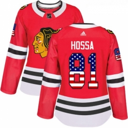 Womens Adidas Chicago Blackhawks 81 Marian Hossa Authentic Red USA Flag Fashion NHL Jersey 