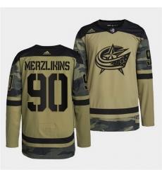 Men Columbus Blue Jackets 90 Elvis Merzlikins 2022 Camo Military Appreciation Night Stitched jersey