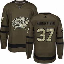 Mens Adidas Columbus Blue Jackets 37 Markus Hannikainen Premier Green Salute to Service NHL Jersey 