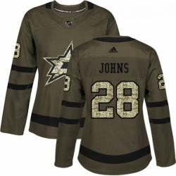 Womens Adidas Dallas Stars 28 Stephen Johns Authentic Green Salute to Service NHL Jersey 