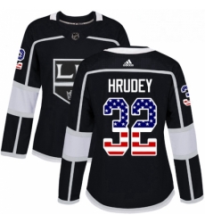 Womens Adidas Los Angeles Kings 32 Kelly Hrudey Authentic Black USA Flag Fashion NHL Jersey 