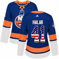 Womens Adidas New York Islanders 41 Jaroslav Halak Authentic Royal Blue USA Flag Fashion NHL Jersey 