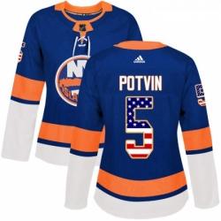 Womens Adidas New York Islanders 5 Denis Potvin Authentic Royal Blue USA Flag Fashion NHL Jersey 