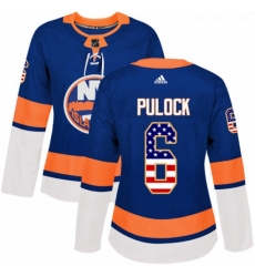 Womens Adidas New York Islanders 6 Ryan Pulock Authentic Royal Blue USA Flag Fashion NHL Jersey 