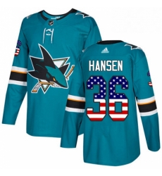 Mens Adidas San Jose Sharks 36 Jannik Hansen Authentic Teal Green USA Flag Fashion NHL Jersey 