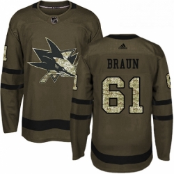 Mens Adidas San Jose Sharks 61 Justin Braun Premier Green Salute to Service NHL Jersey 