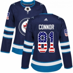 Womens Adidas Winnipeg Jets 81 Kyle Connor Authentic Navy Blue USA Flag Fashion NHL Jersey 