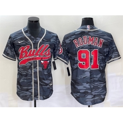 Men Chicago Bulls 91 Dennis Rodman Gray Camo Cool Base Stitched Baseball Jersey