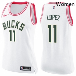 Womens Nike Milwaukee Bucks 11 Brook Lopez Swingman White Pink Fashion NBA Jersey 