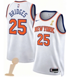 Men New Yok Knicks 25 Mikal Bridges White 2026 Champions Patch Icon Edition Stitched Basketball Jersey