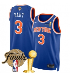 Men New Yok Knicks  3 Josh Hart Blue 2026 Finals Patch And Finals Champions Patch Icon Edition Stitched Basketball Jersey