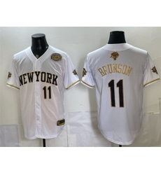Men New York Knicks 11 Jalen Brunson White Gold 2026 Finals Eastern Conference Champions Patch Stitched Baseball Jersey Men New York Knicks 11 Jalen Brunson White Gold 2026 Finals Eastern Conference Champions Patch Stitched Baseball Jersey