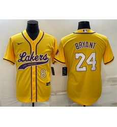 Men Los Angeles Lakers Front 8 Back 24 Kobe Bryant Yellow Cool Base Stitched Baseball Jersey