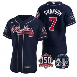 Men Atlanta Braves 7 Dansby Swanson 2021 Navy World Series With 150th Anniversary Patch Stitched Baseball Jersey