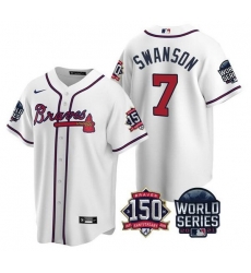 Men Atlanta Braves 7 Dansby Swanson 2021 White World Series With 150th Anniversary Patch Cool Base Stitched Jersey