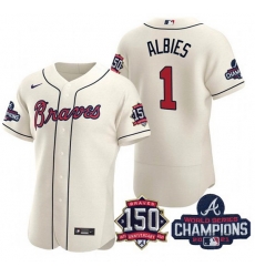 Men's Cream Atlanta Braves #1 Ozzie Albies 2021 World Series Champions With 150th Anniversary Flex Base Stitched Jersey