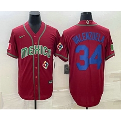 Men's Mexico Baseball #34 Fernando Valenzuela 2023 Red Blue World Baseball Classic Stitched Jersey