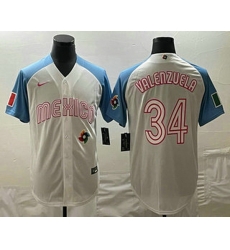 Mens Mexico Baseball #34 Fernando Valenzuela 2023 White Blue World Classic Stitched Jersey