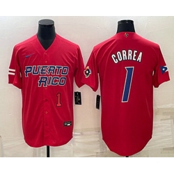 Men's Puerto Rico Baseball #1 Carlos Correa Number 2023 Red World Baseball Classic Stitched Jersey