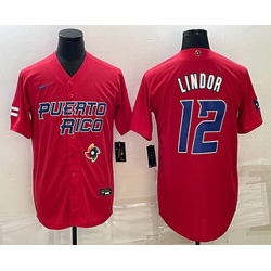 Men's Puerto Rico Baseball #12 Francisco Lindor 2023 Red World Baseball Classic Stitched Jersey