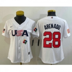 Womens USA Baseball 28 Nolan Arenado 2023 White World Classic Replica Stitched Jersey