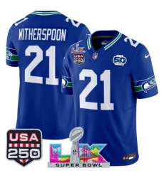 Men Seattle Seahawks 21 Devon Witherspoon Royal 2025 F U S E Super Bowl LX Patch And 50th Season USA 250 Patch Vapor Throwback Limited Stitched Football Men Seattle Seahawks 21 Devon Witherspoon Royal 2025 F U S E Super Bowl LX Patch And 50th Season USA 250 Patch Vapor Throwback Limited Stitched Football